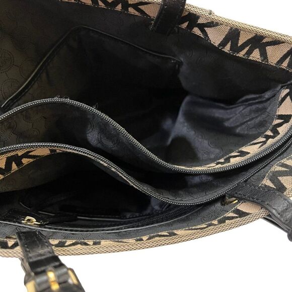 Michael Kors Jet Set Black & Tan Monogram Signature MK Tote Bag - Picture 12 of 16